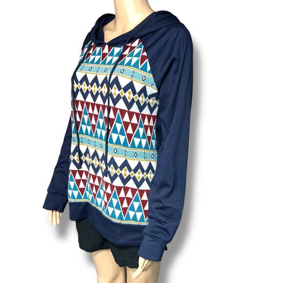 PS Kate Womens Hoodie Lightweight Hooded Sweatshirt Pullover Geo Print Medium - Picture 6 of 8
